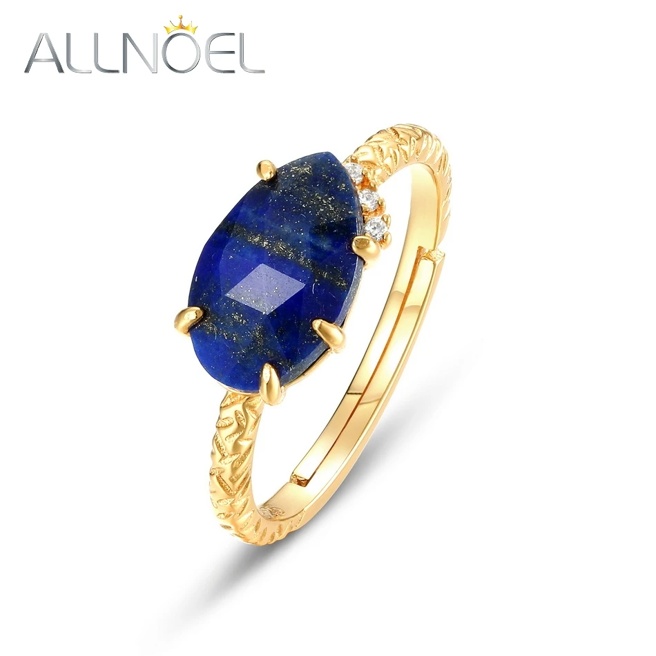 ALLNOEL Natural Lapis Lazuli 925 Sterling Silver Adjustable Open Ring For Women Blue Gems Gold Plated Vintage Gifts Fine Jewelry