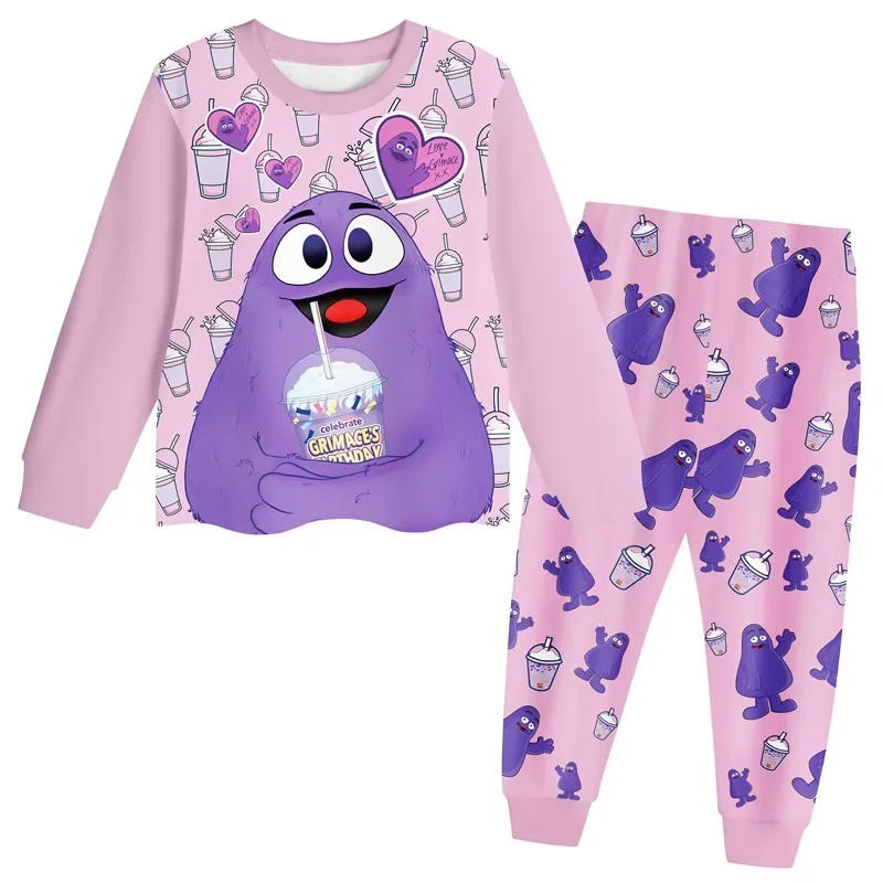 Hot grimace shake printing clothing long sleeve shirt pants Childrens homewear baby boys girls grimace pajamas or sportwear