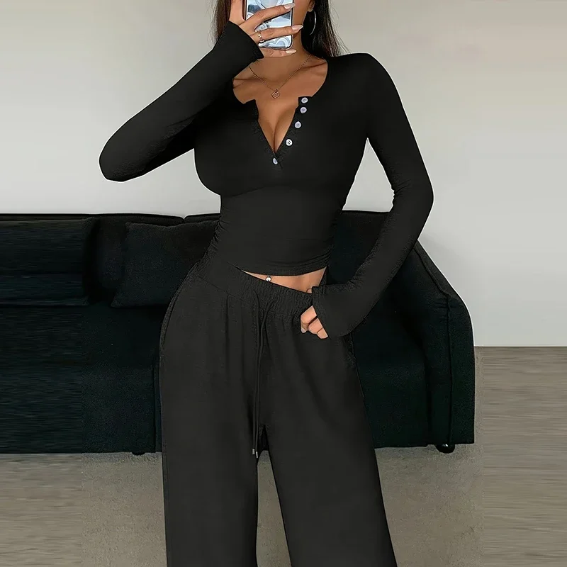 

Elegant Sports Pocket Outfits 2025 Solid Women's 2Pcs Tracksuit Casual Skinny V Neck Long Sleeve Pullover+Drawstring Pants Set