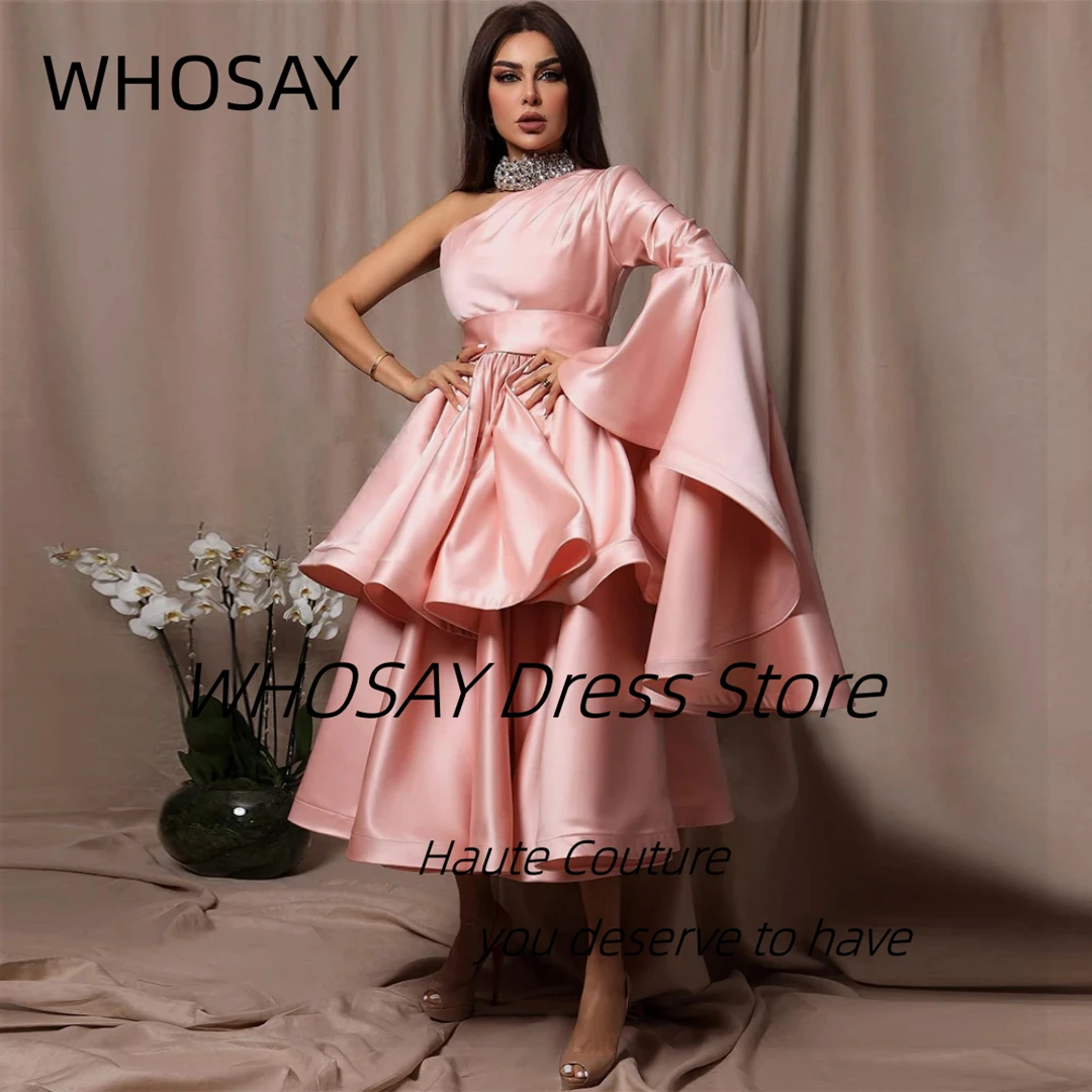 WHOSAY One Shoulder Prom Dresses Long Sleeve Evening Gowns Ruched Tiered A Line Wedding Party Bride Robe Des Marrige