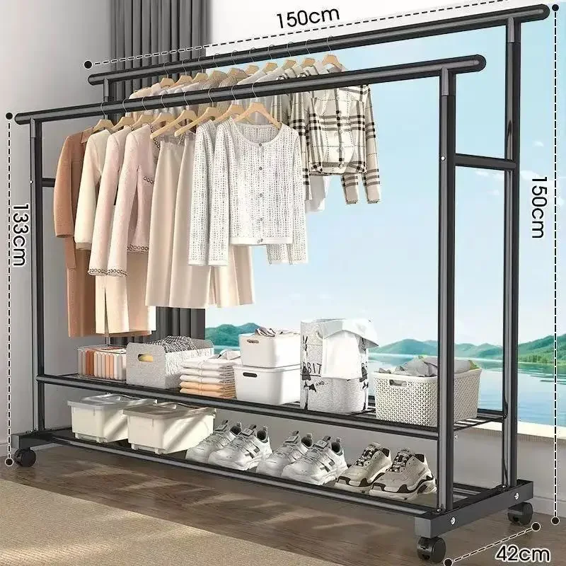 Bedroom Balcony Storage Organizer Clothes Rack Stand Double Rod Clothes Rack Movable Dorm Room Extra Thick Floor Standing