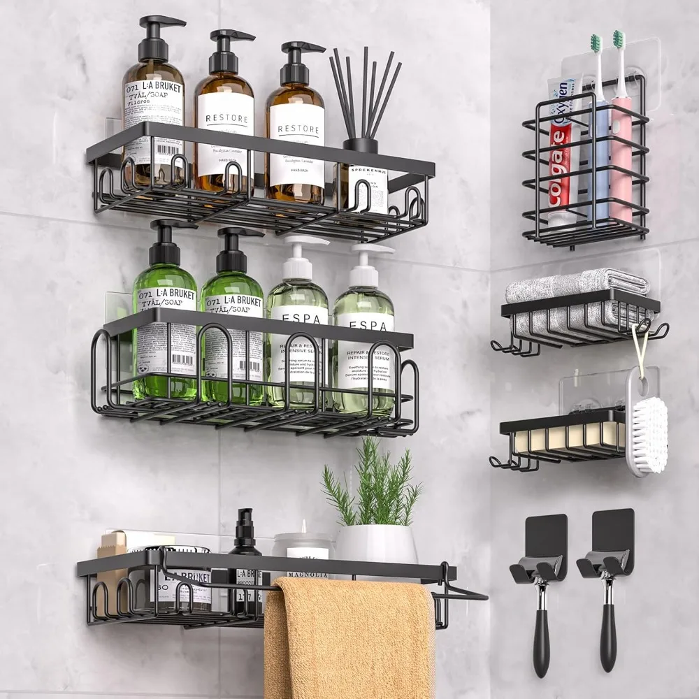 

Стойка для душа, 9 шт., клейкий органайзер для декора ванной комнаты, аксессуары и кухонное хранилище, без сверления, большая вместимость, нержавеющая ста