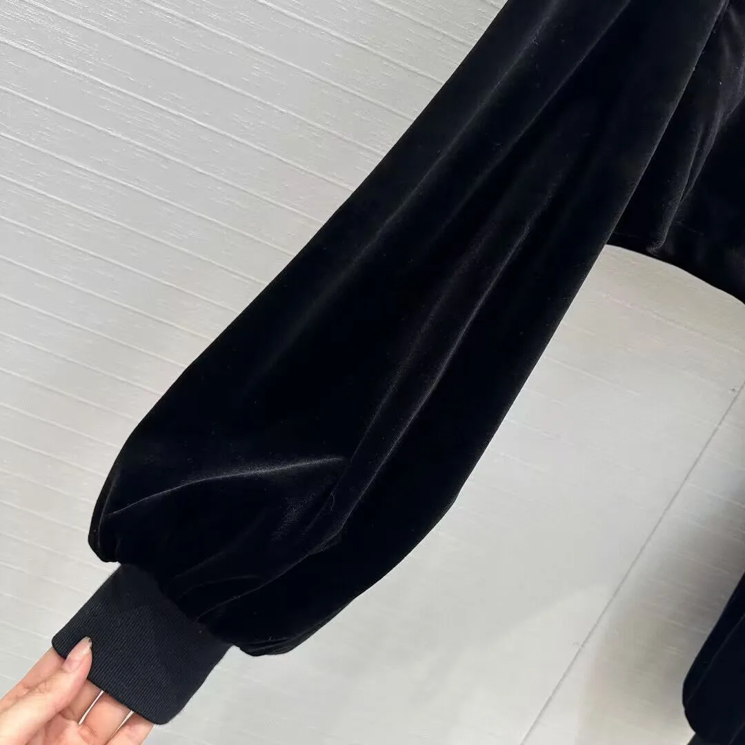 Black Velvet Cropped Short Design Vintage Jacket Women Crew Neck Zipper Lantern Long Sleeve Chic Coat