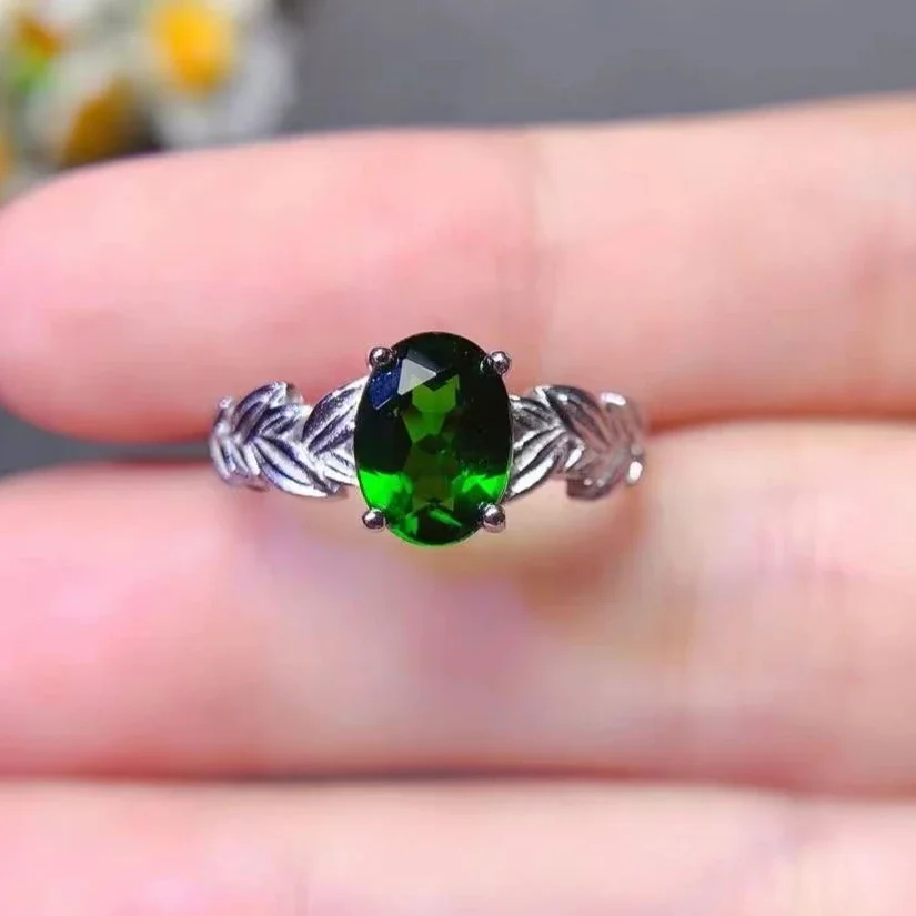 Natural Chrome Diopside Ring 6mm*8mm Deep Green Genuine 1ct Diopside 925 Silver Ring with Thick 18k Gold Plating