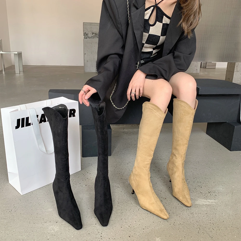 Pointed Toe Women Knee High Boots 2023 Chelsea Booties Thin High Heels Back Zipper Flock Black Beige Dress Shoes Winter Pumps