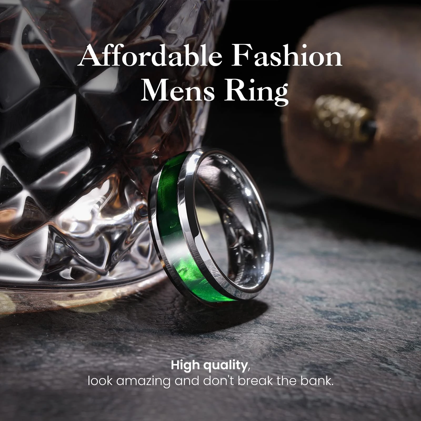 Fashion 8mm Titanium Stainless Steel Rings for Men Women High Polished Inlay Green Shell Men Promise Rings Wedding Party Jewelry