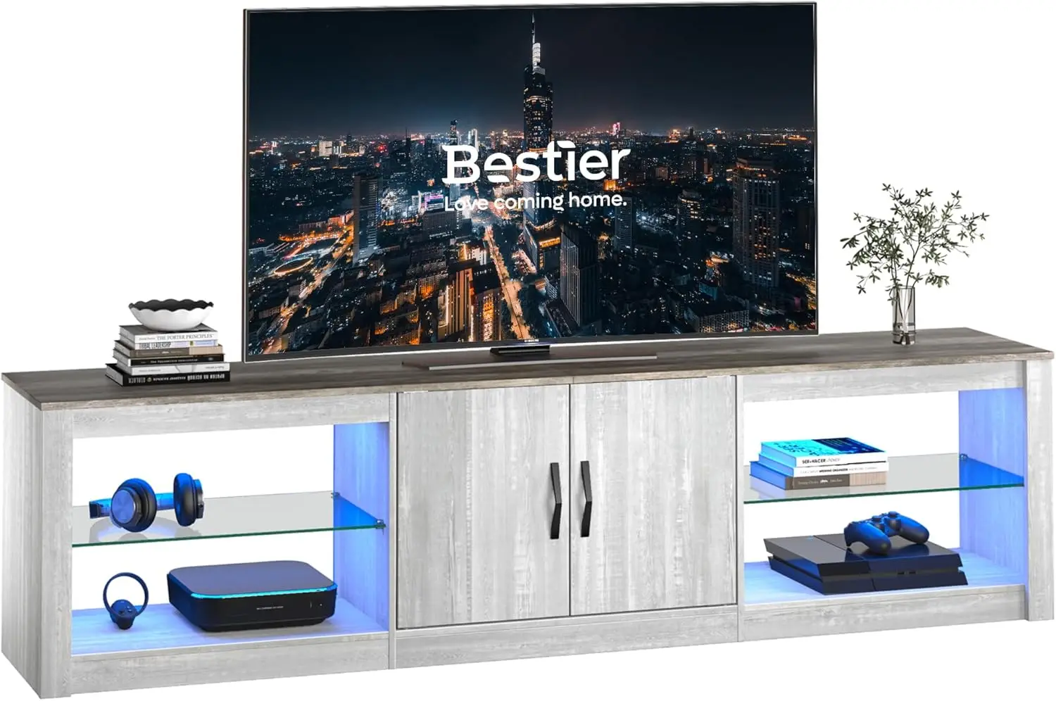 

Подставка для 70-дюймового LED-телевизора, подходит для 75-дюймовых телевизоров, большой развлекательный центр для игр с регулируемыми стеклянными полками, два шкафа, современный дизайн