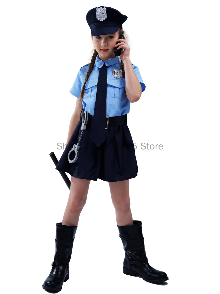 5 pezzi bambini uniforme della polizia carnevale ragazze vestono bambini poliziotto Stage Party Costume Cosplay cappello cravatta cintura manette abiti Set