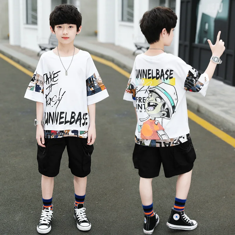 

Boys Summer Suit 2023 New Children's Printed Short-Sleeved T-Shirt Boy Summer Sports Fashionable Short-Sleeved Shorts Suit