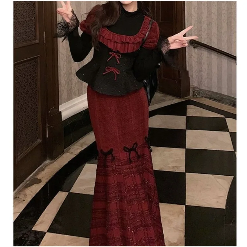 Christmas Tweed Fragrant Style Top Fine Glitter Bubble Sleeves and Spliced Design Skirt Two-piece Set Elegant Noble Lady Style