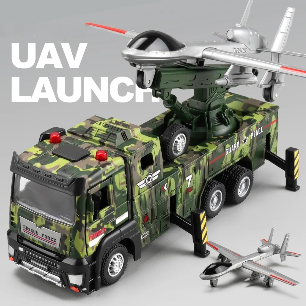 

1:32 Scale Drone Launch Tank Transport Car Model Toy Sound Light Pull Back Doors Opened Military Vehicle Models Children's Gifts