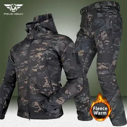 Camo Waterproof Sets Men Shark Skin Soft Shell Hooded Jackets+Multi-pocket Straight Cargo Pants 2 Pcs Suits Winter Tactical Set