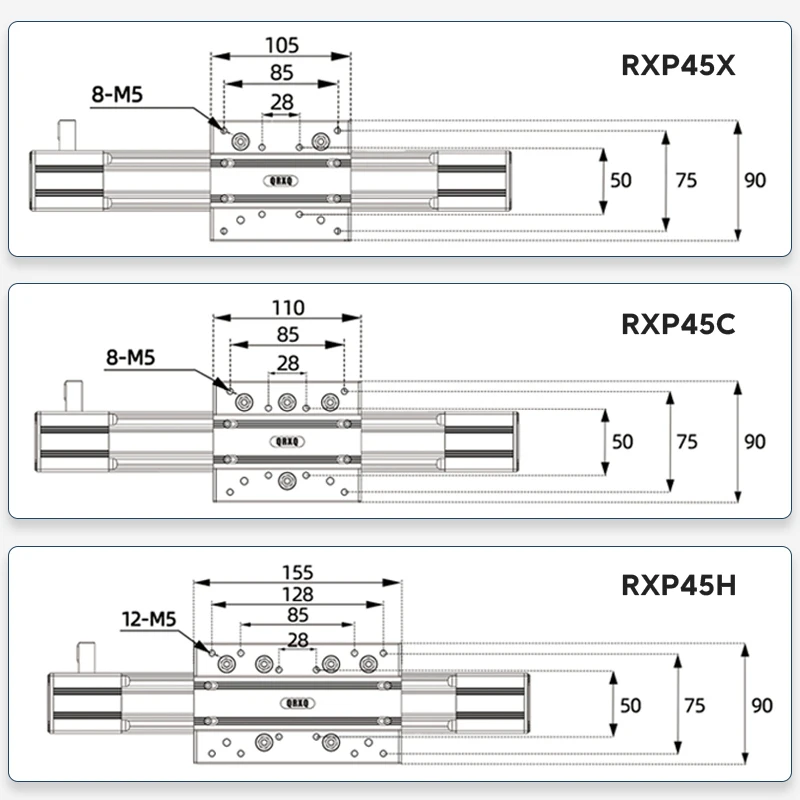QRXQ RXP45 Nema23 Fold Back Installation Machinery Accessories Rail Gantry Linear Stage Arm Robot Xyz Axis Table Linear Guide