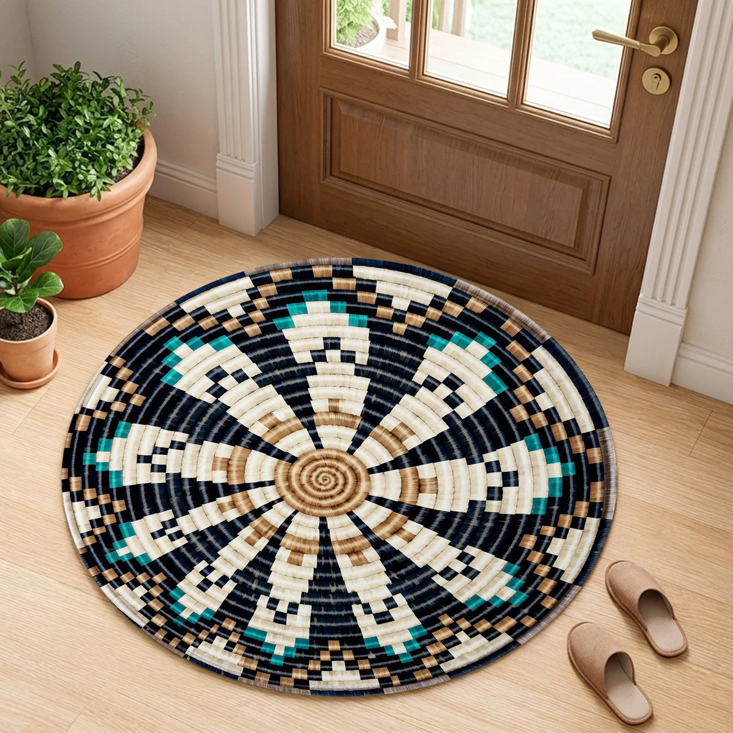 Boho Geometric Round Rug, Southwestern Aztec Pattern Non-Slip Floor Mat, Tribal Mandala Circle Carpet for Entryway