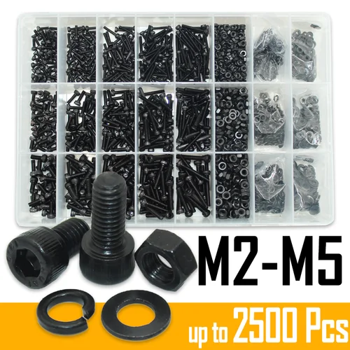 2500 tornillos de cabeza redonda hexagonal de acero negro M2 M2.5 M3 M4 M5 M6 grado 12,9 DIN912 pernos Allen tuercas Kit surtido de arandelas