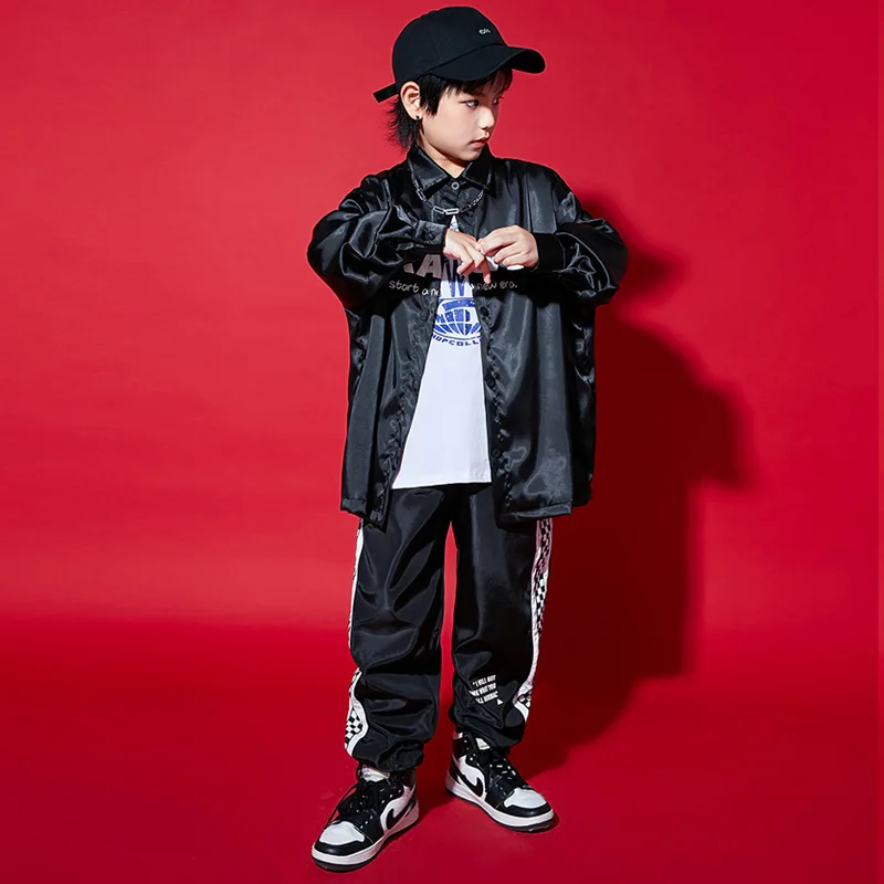 Kid Hip Hop Clothing Black Letter Print Shirt Casual Checkered Jogger Pants for Girl Boy Jazz Dance Costume Clothes Set Outfits