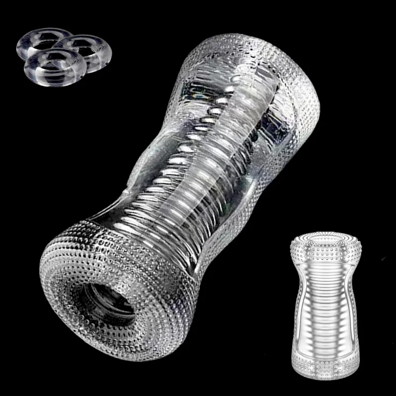 Clear Masturbation Pocket Pussy Male Masturbation Cup 3D Spiral Textured  Dual Channel Penis Exercise Trainer Couple Sex Toys 18