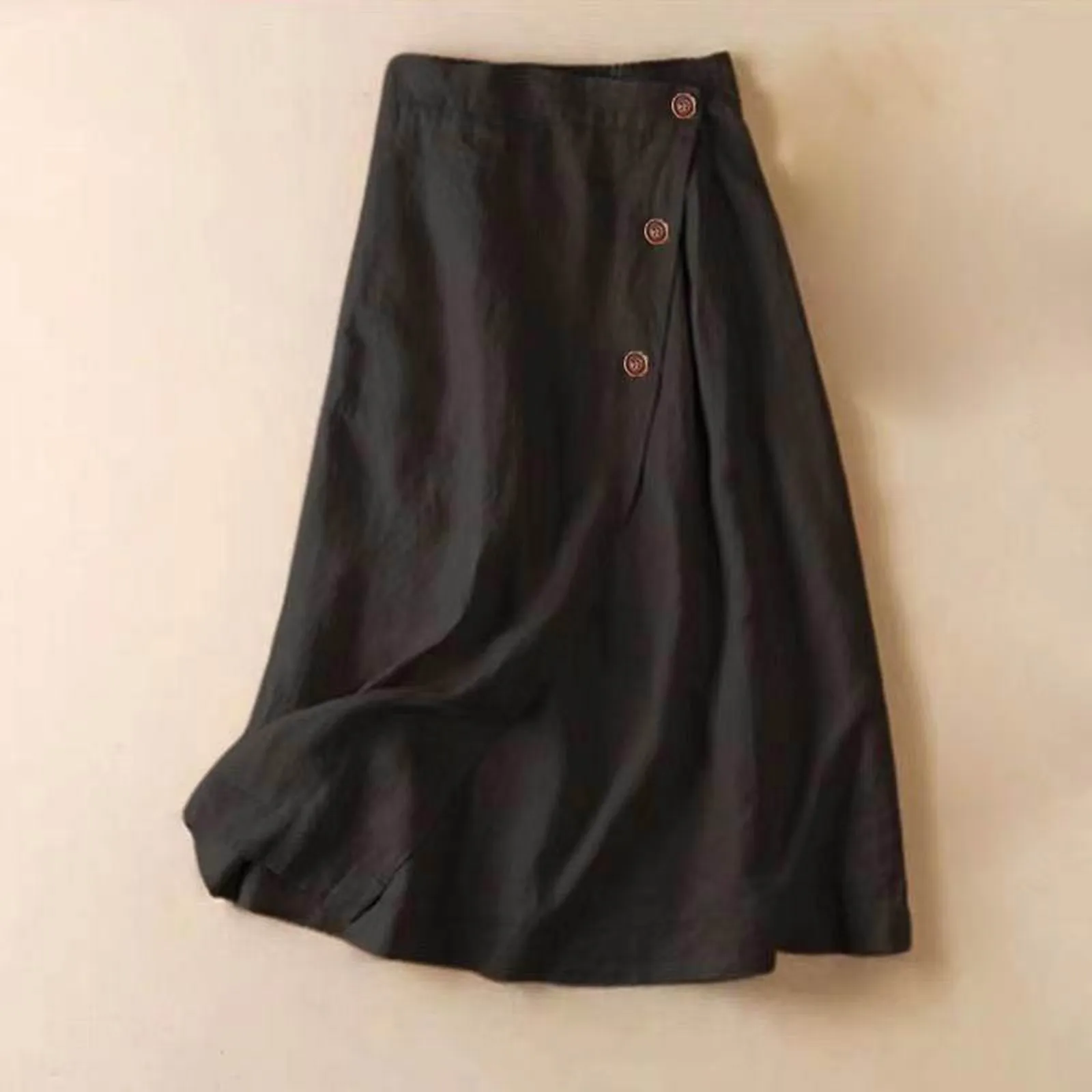 

Elegant Solid Color Midi Skirt Casual Streetwear Skirt Summer Skirts For Women Outfits Button Jupe Cotton Linen A-line Skirts