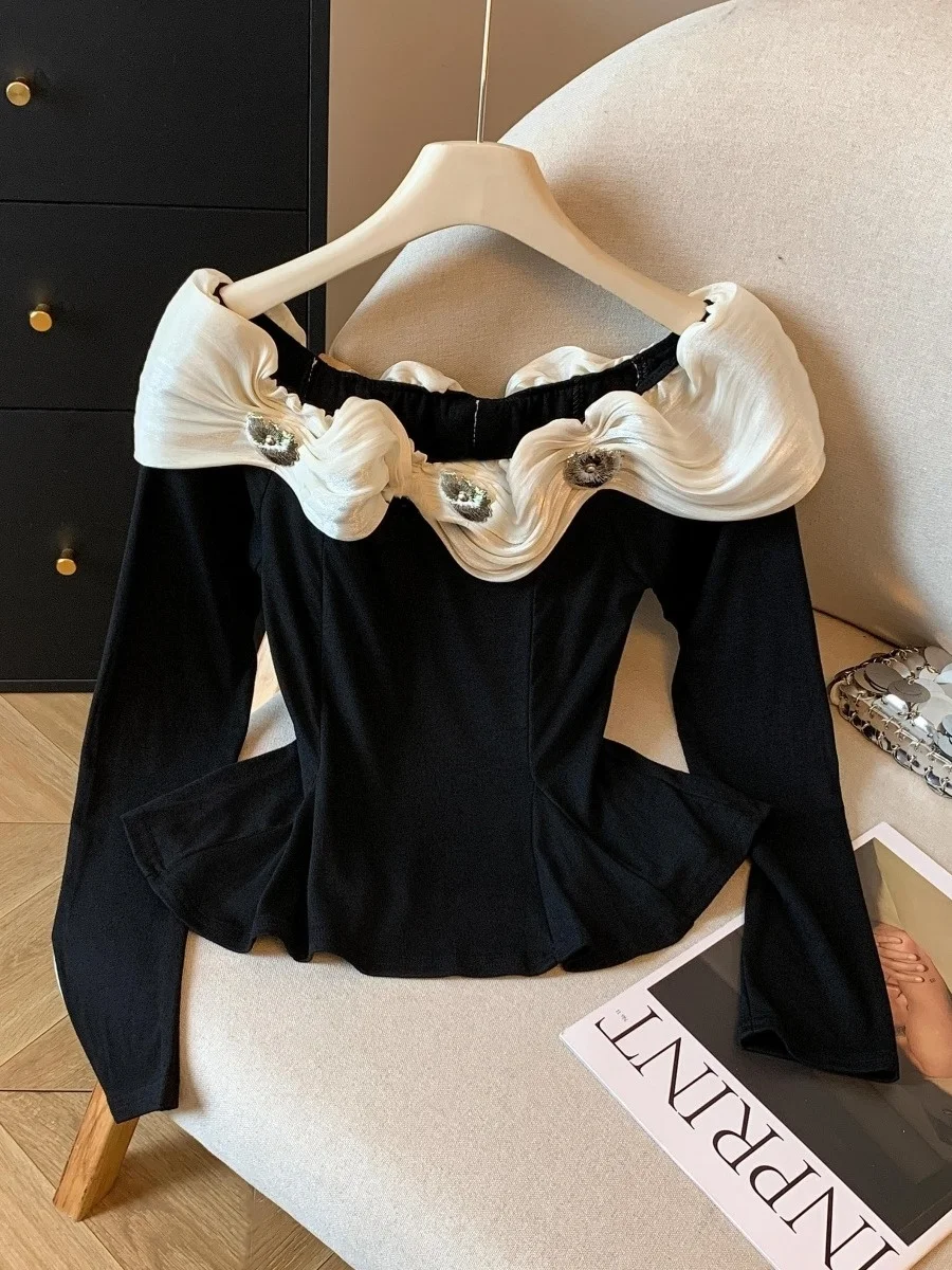 Renda vermelha guarnição ort irt feminino outono inverno bonito saia um ombro base irt topo coreano sle commute sle cintura cinch