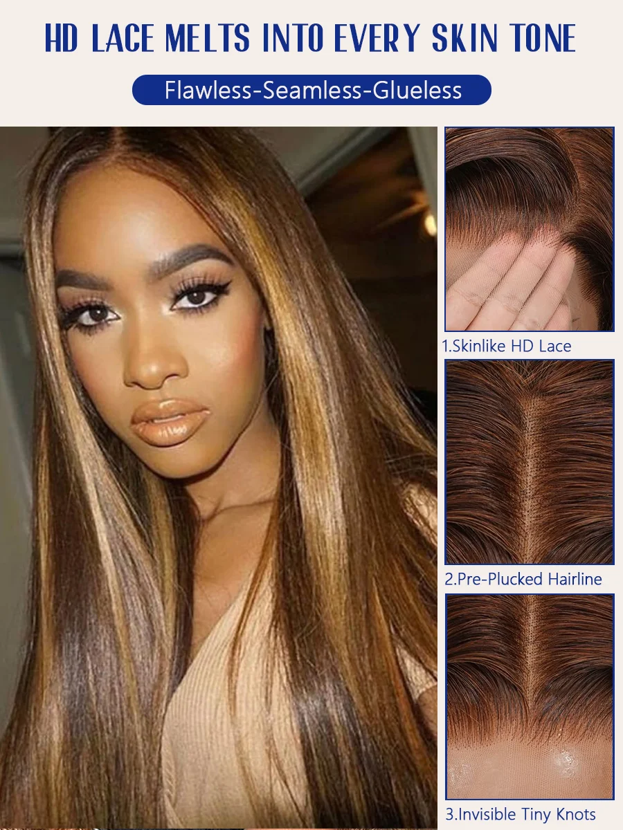 Highlight Bone Straight 200% High Density 40 Inches Long-length 13x6 13x4 HD Transparen Lace Frontal Wig Piano Color P4/27 Human Hair Wigs For Women Brazilian Hair Pre Plucked