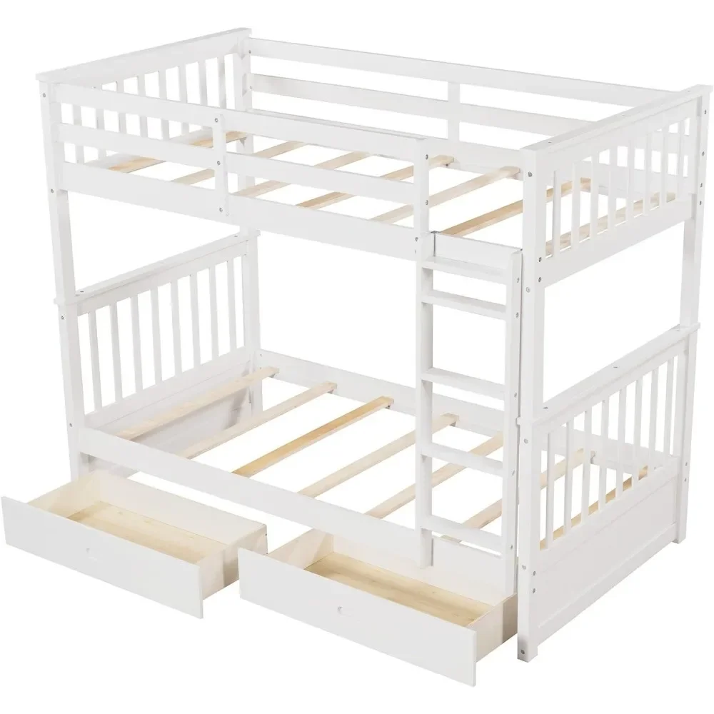 Wood Bunk Bed with Drawers,Convertible Wood Bunk Bed with Ladders and Two Storage Drawers,with Ladders,Twin Over Twin Size,White