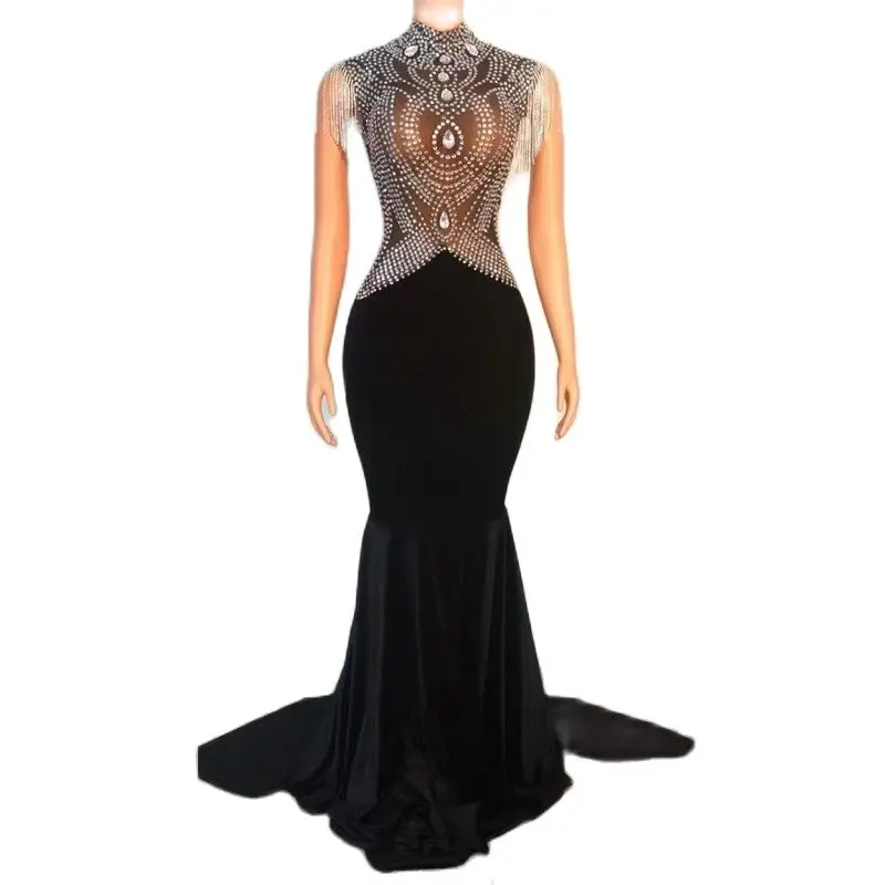 

Luxury Mesh See Through Crystal Tassel Wedding Party Mermaid Dress Birthday Prom Dress Women Ball Gown Evening Dresses Wuyu