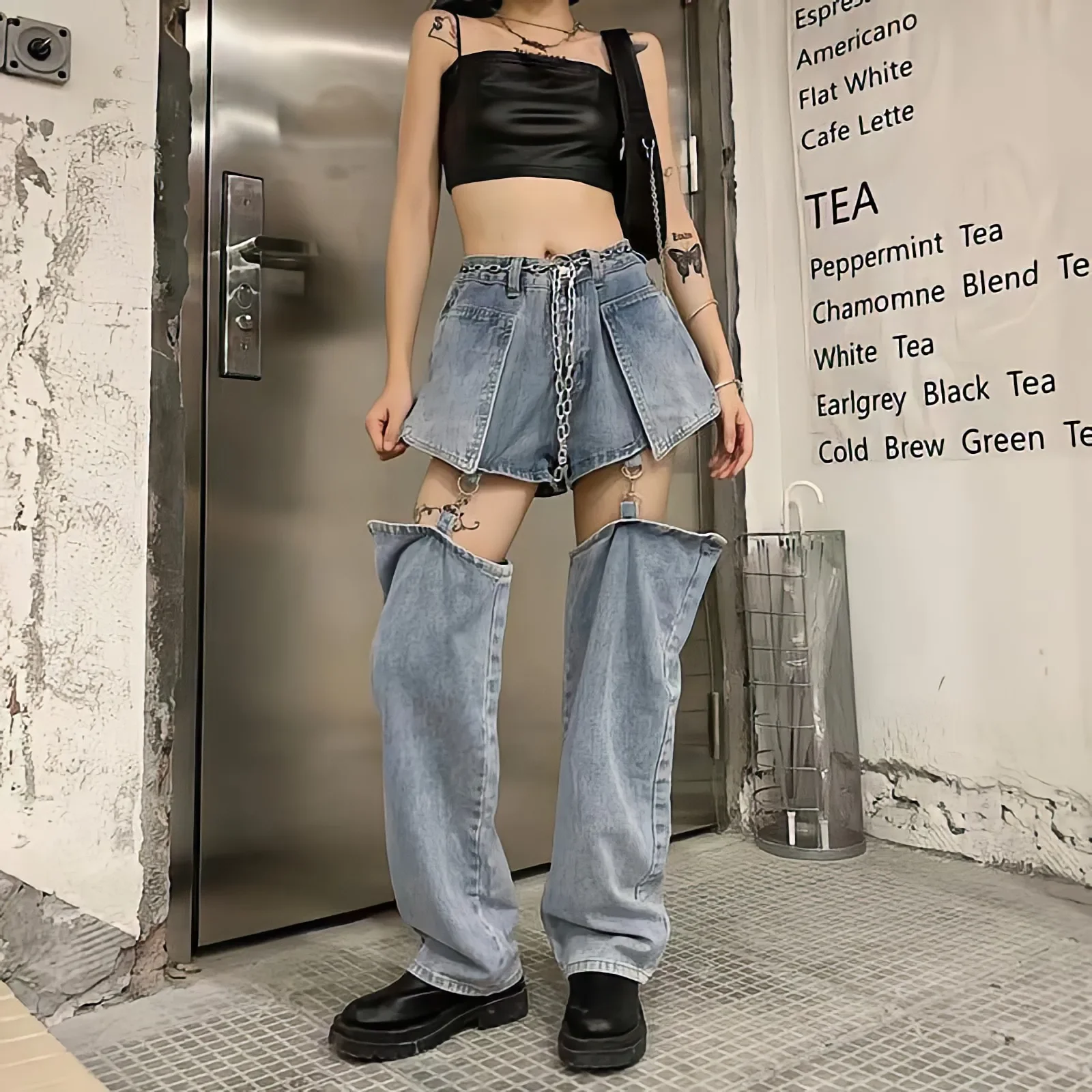 

Blue Jeans Women Korean Fashion Harajuku Y2k Streetwear High Waist Design Baggy Detachable Shorts Straight Wide Leg Black Pants