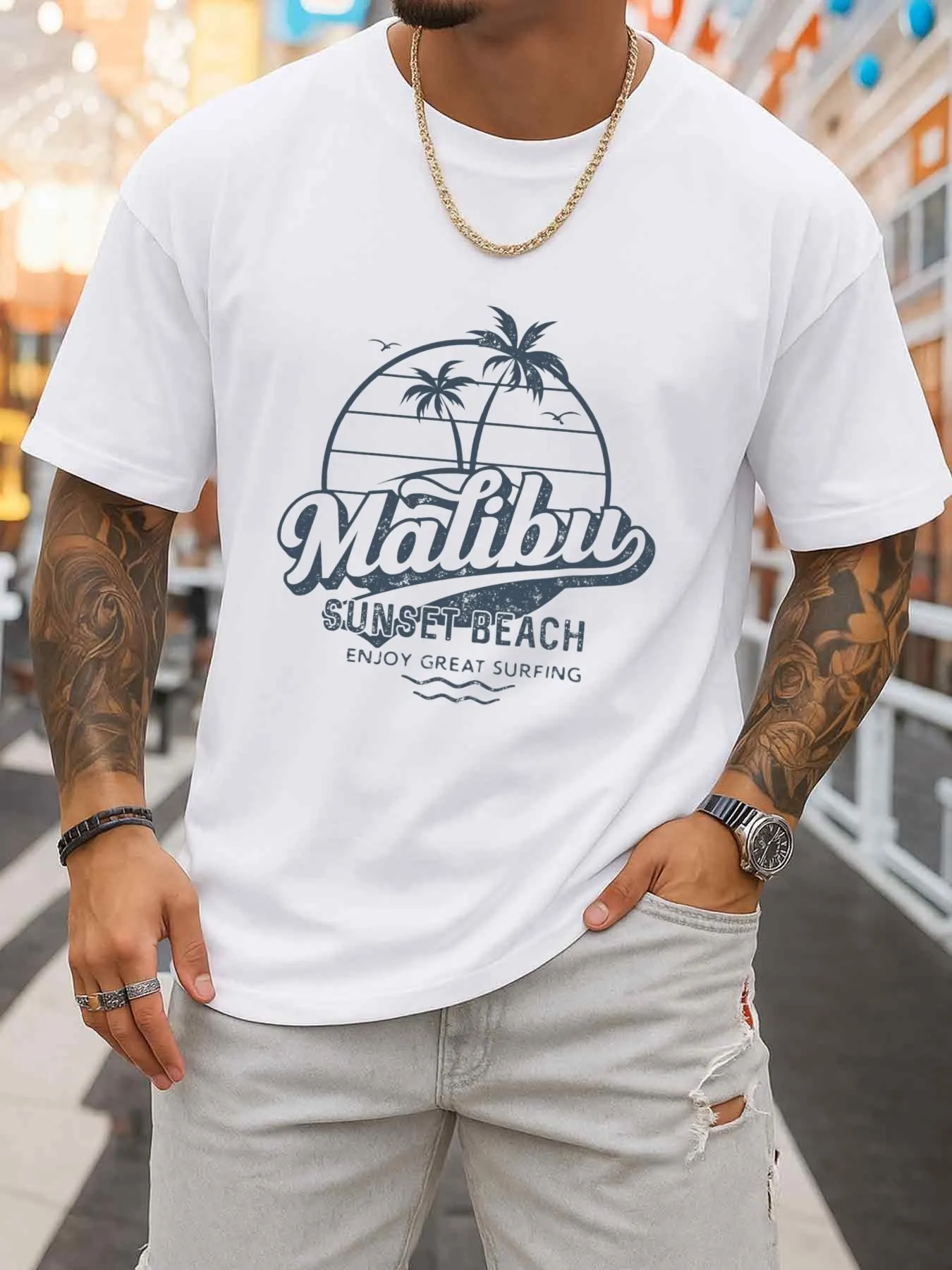 Malibu Sunset Beach Surfing T-Shirt Men's T-Shirt White Graphic T-Shirt 2026 Print, Street Style, Summer Clothing, Retro Style, Comfortable Loose Fit, Round Neck, Regular Sleeves, Slightly Stretchy Fabric, Suitable for Adults, Suitable for All Seasons