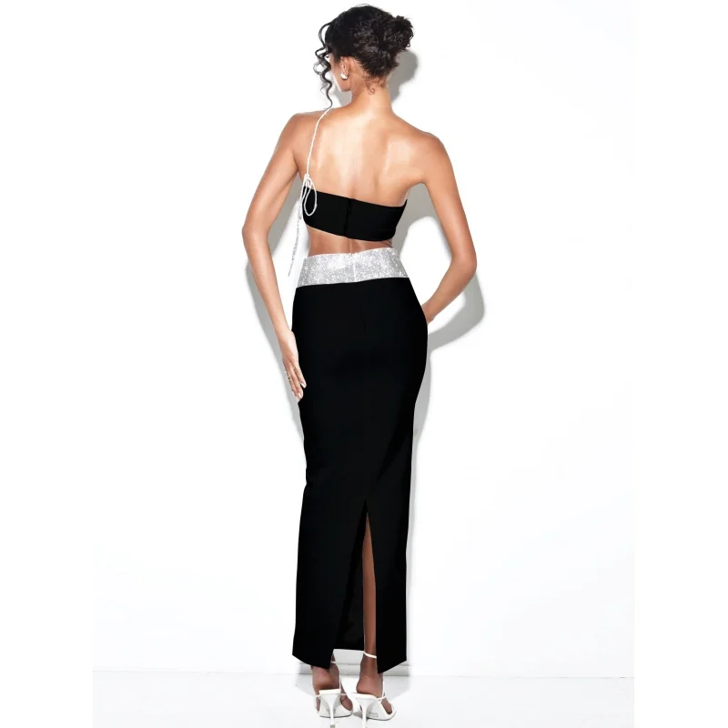 Cross-Border Summer Sexy Oblique Shoulder Strap Ultra-Short Tube Top V-Shaped Rhinestone Skirt Suit Hot Island Holiday Party Sui