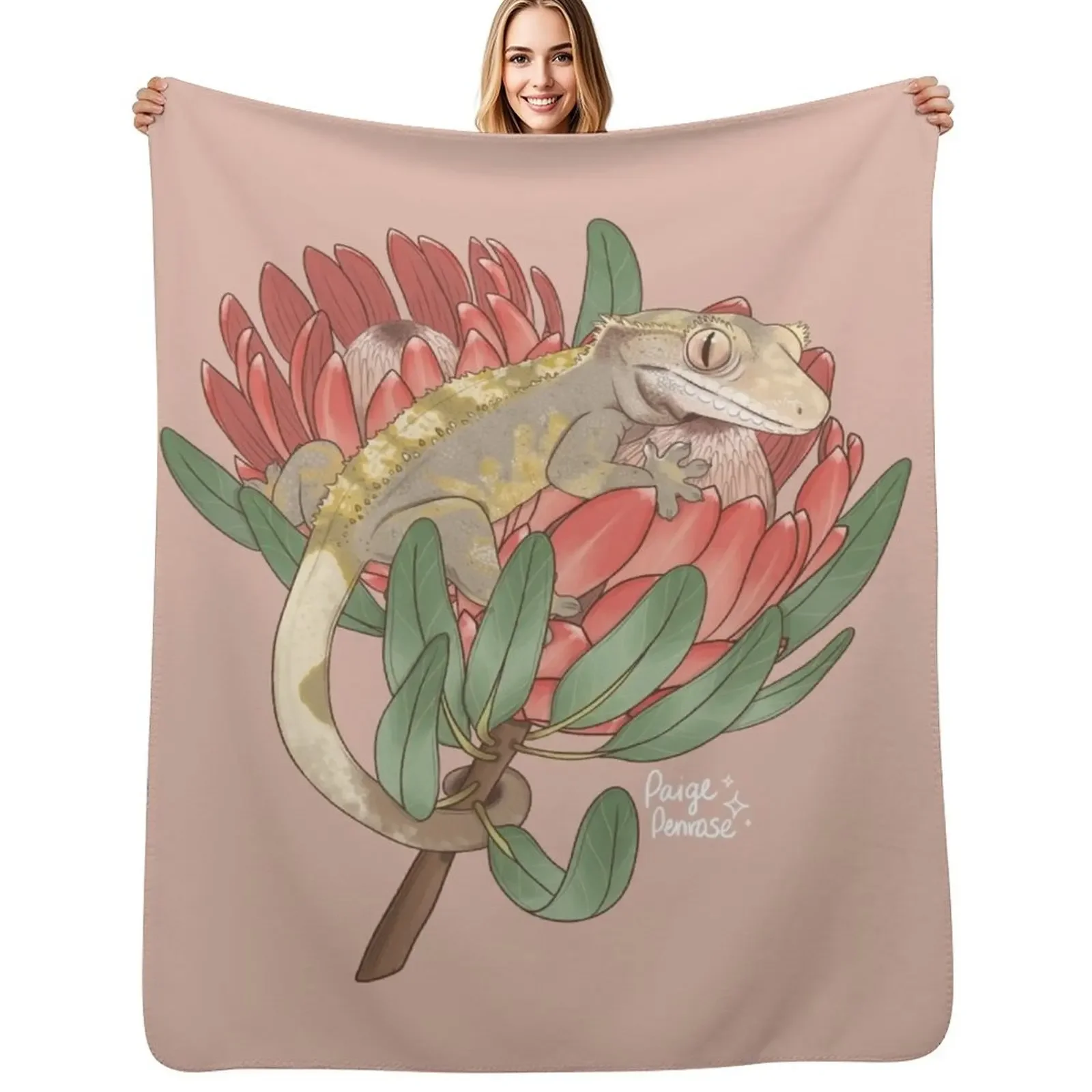 

Crested Gecko with Protea Flower Throw Blanket Luxury Brand For Baby Flannel Fabric Blanket