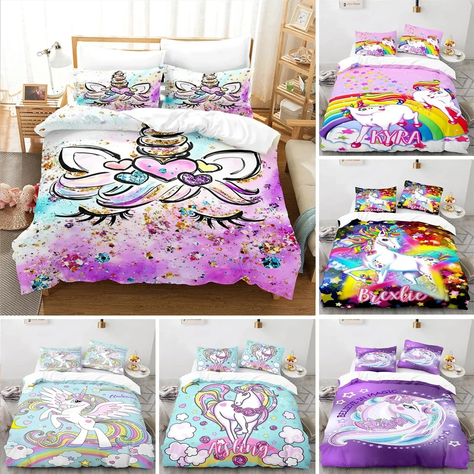 Magical Unicorn Ultra Soft Girls King Queen Bedding Set Microfiber With Sparkle Stars Print Duvet Cover Pillow Case Home Textile