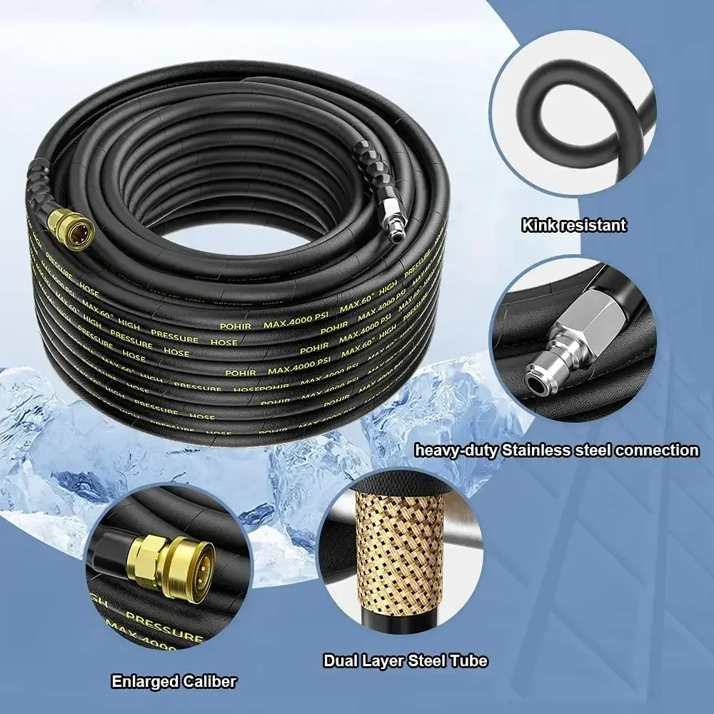 Power Washer Hose 100FT 3/8'' High Tensile Wire Braided Car Wash Water Hose, with 2 Quick Connect Kits Compatible M22 14 mm, 1/4