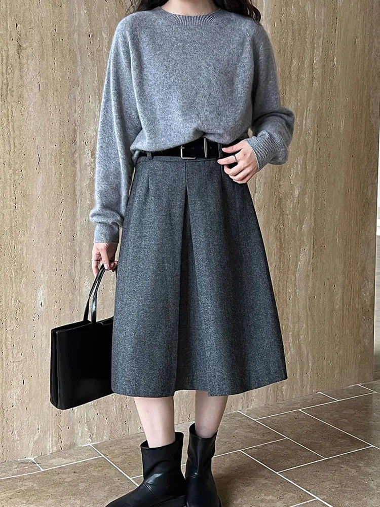 WHTREND Style coréen laine laine sensation jupe Midi pour les femmes hiver nouvelle taille haute avec ceinture a-ligne jupes WH2203