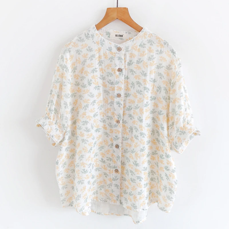 New Autumn Cotton Print Shirts Women Stand Collar Flowers Tops Girls Short Sleeve Loose Sweet Versatile Blouses Spring T39365QC