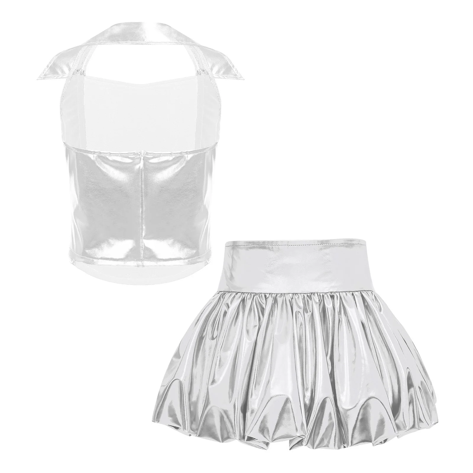 Kids Girls Jazz Disco Dance Crop Top Party Outfit Fashion Glitter Sequined Streetwear Metallic Shiny Skirt Stage Dance Costume