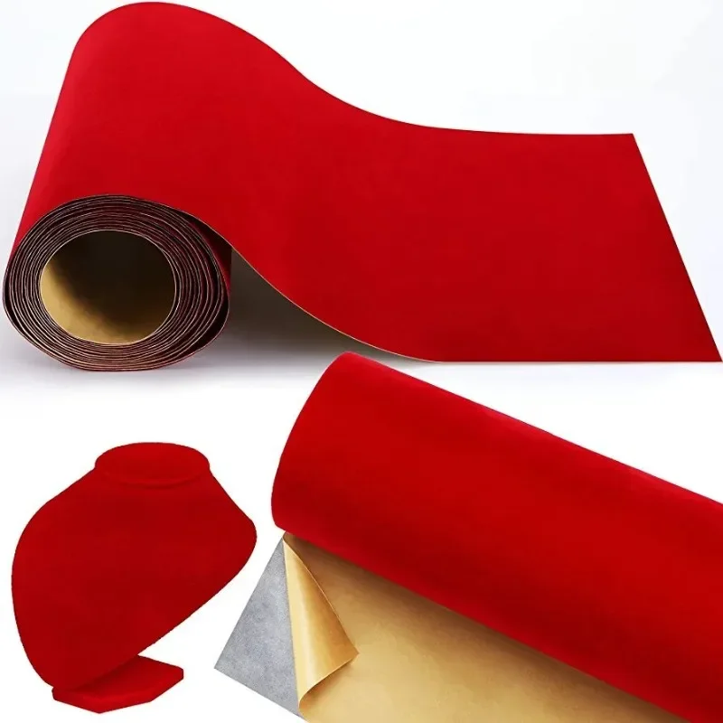 Red Color Sticky Flocking Velvet Fabric Self Adhesive Flock for Jewelry Box Photo Frame Packaging Decor 45cm Width