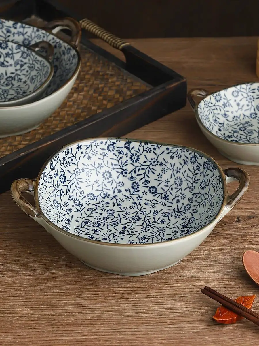 Ceramic Anti Scald Handle Soup Noodle Bowl Double Ear Soup Bowl Tableware