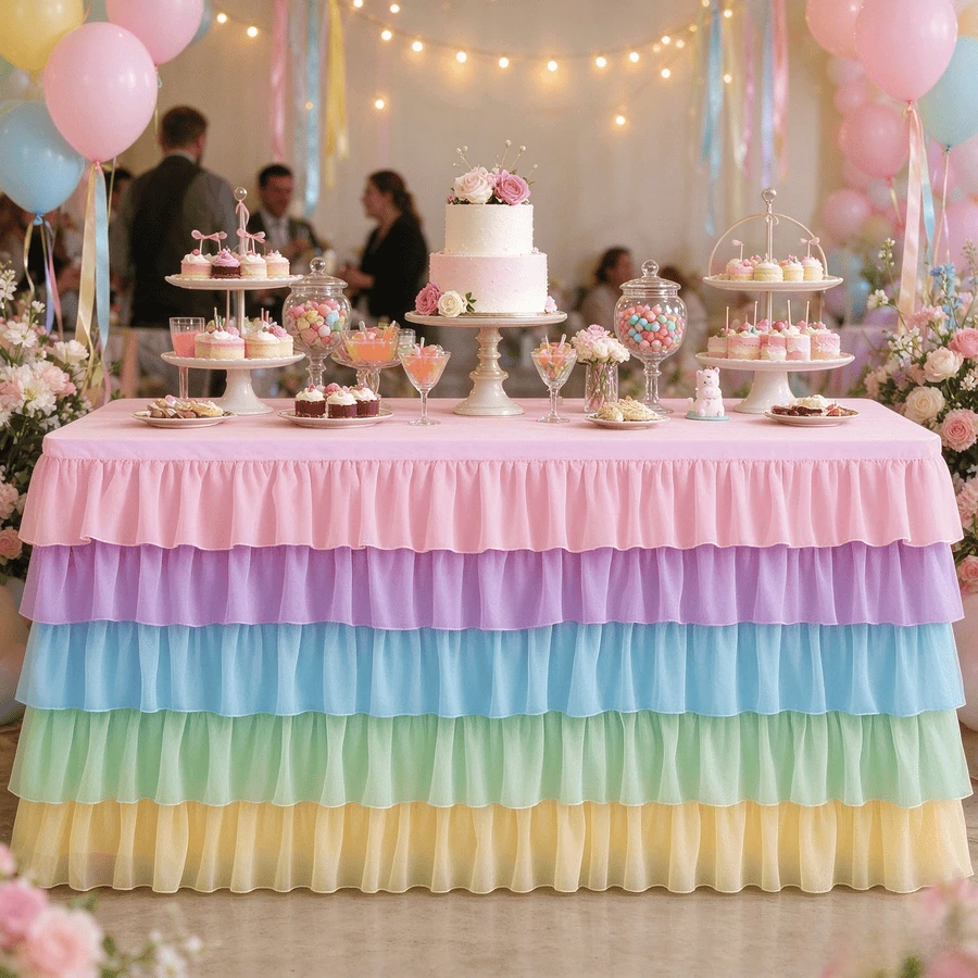 2pcs set Party decoration tablecloth two-piece set table skirt+table cover wedding banquet party pleated wavy table surround