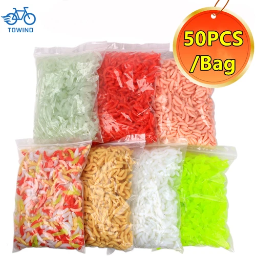 Lo más nuevo, 50 unids/bolsa, 2cm, 0,3g, gusanos de pan, cebos artificiales de silicona, anzuelos de señuelo de pesca suaves, gusanos con olor, camarones brillantes, señuelos de peces 2023