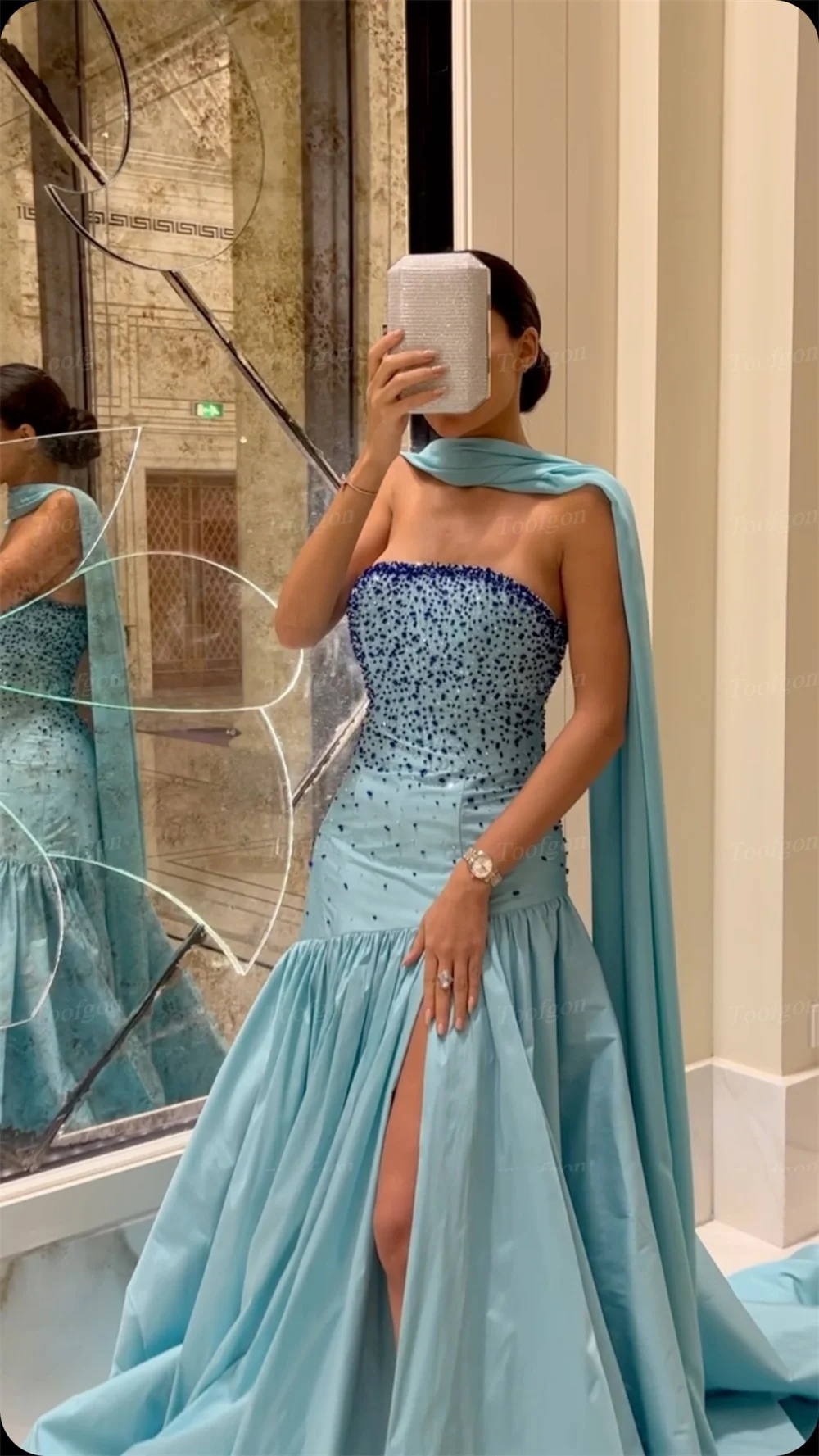 Toofgon Elegant Blue Saudi Arabic Women Prom Dresses Beaded Slit Dubai Formal Party Dress Evening Gowns Birthday Wear Customized