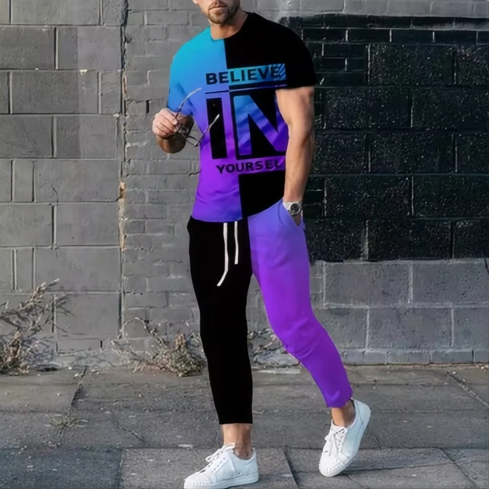 Summer fashion new men's T-shirt pants sportswear believe in yourself 3D printed T-shirt pants set 2-piece streetwear oversized