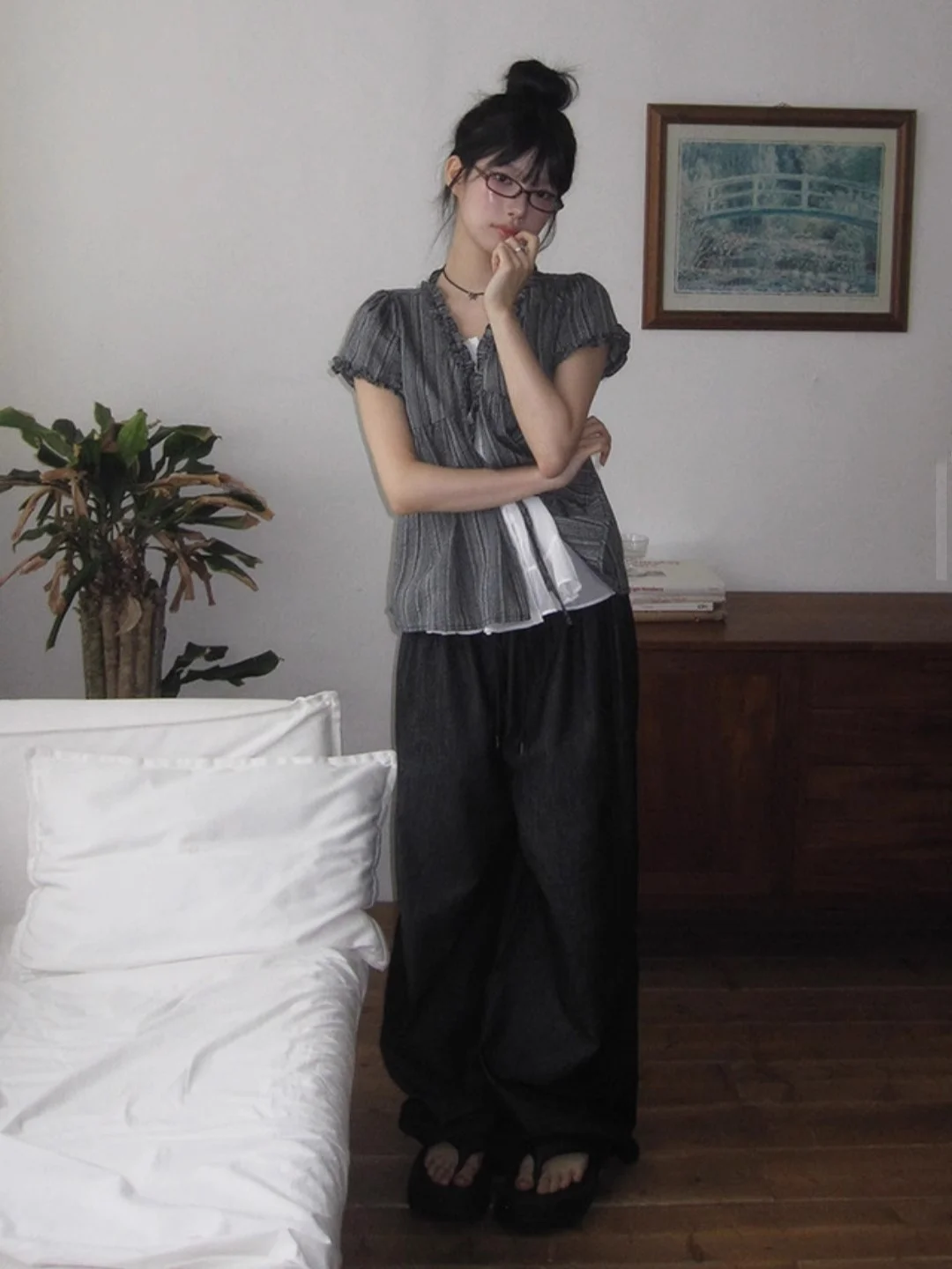 

Unique SEI Korean Sle Summer Anti-Aging Bubble Sve Striped ort Sve irt Casual Denim Belted Women's Busin irt