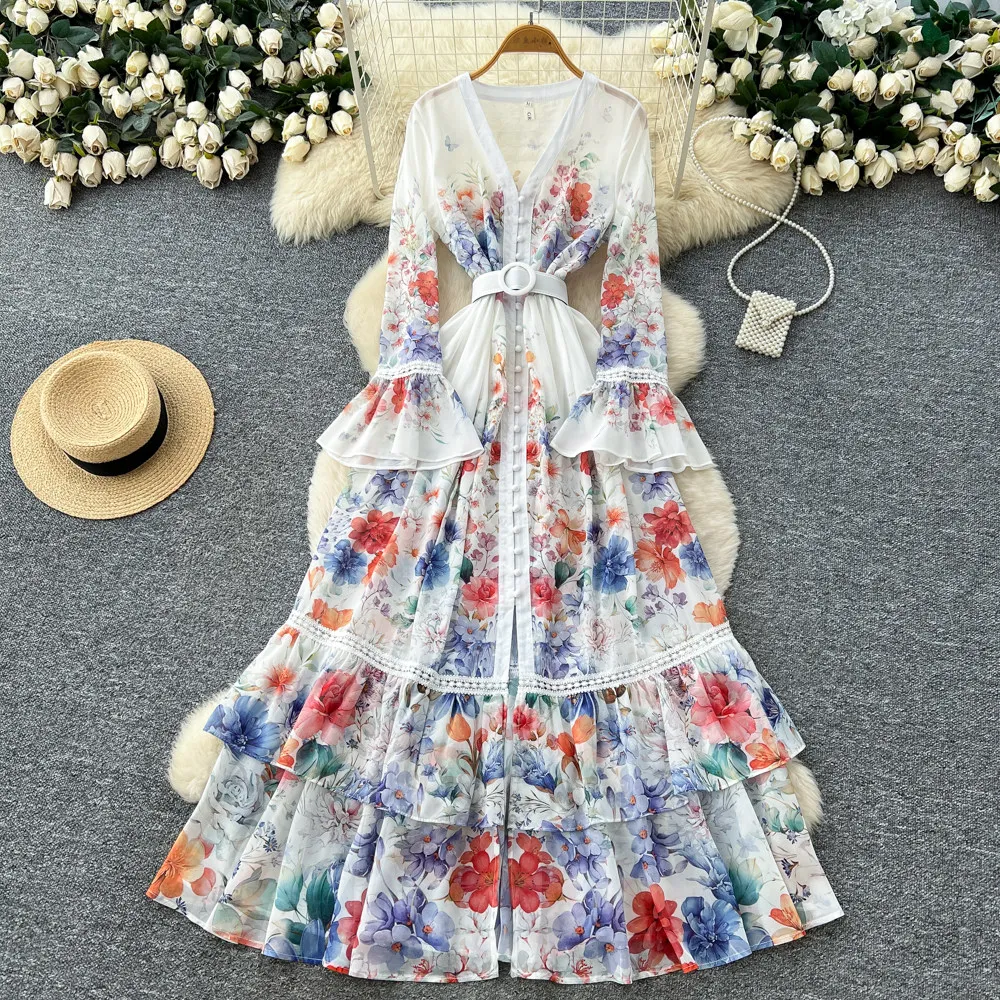 Französisches Bedrucktes Slim-Fit Langarm-Kleid mit Rüschenkante für Damen Neuer Ländlicher Stil Einreihiges A-Linien-Tüllkleid S540