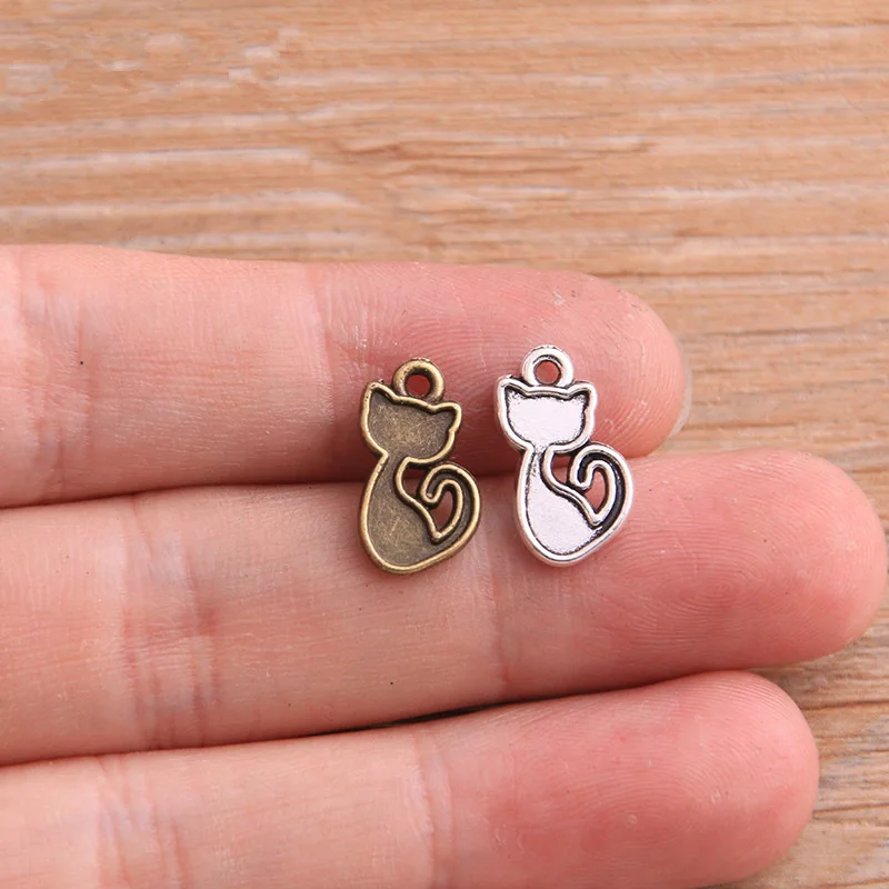 20Pcs/Lot 9*15mm Metal Alloy 2025 New Two Color Small Cat Charms Animal Pendant For Jewelry Making DIY Handmade Craft