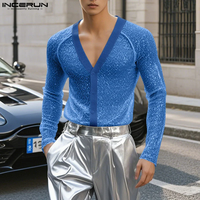 INCERUN Tops 2025 Korean Style Fashion Men's Sparkling Silver Wire V-neck Design Shirt Sexy Casual Male Thin Long Sleeved Blouse