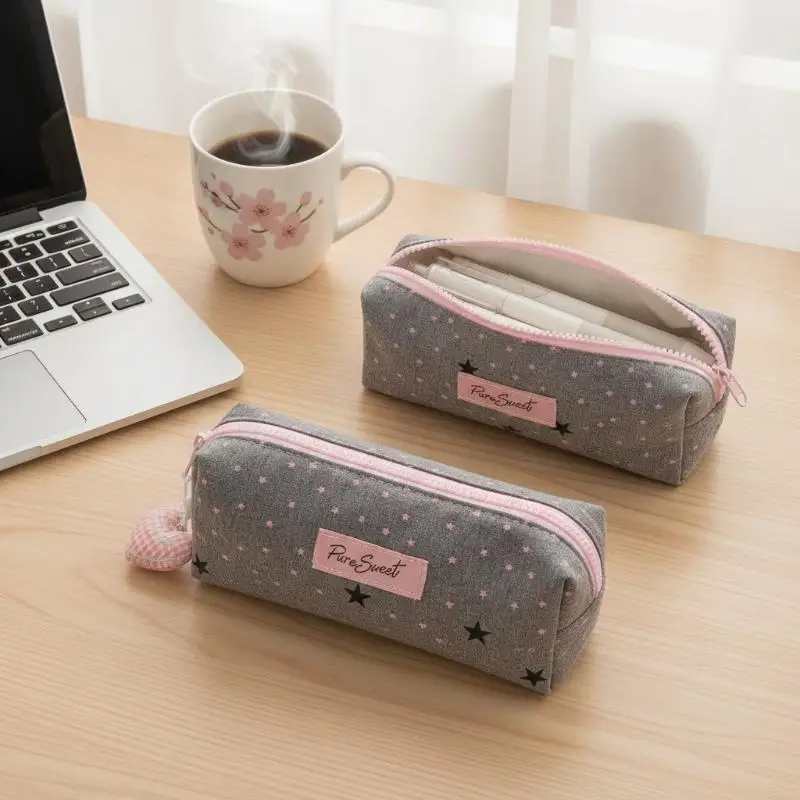Nylon Multi Pocket Pencil Pouch Black Star Print Large Capacity Stationery Bag for Student Daily Use