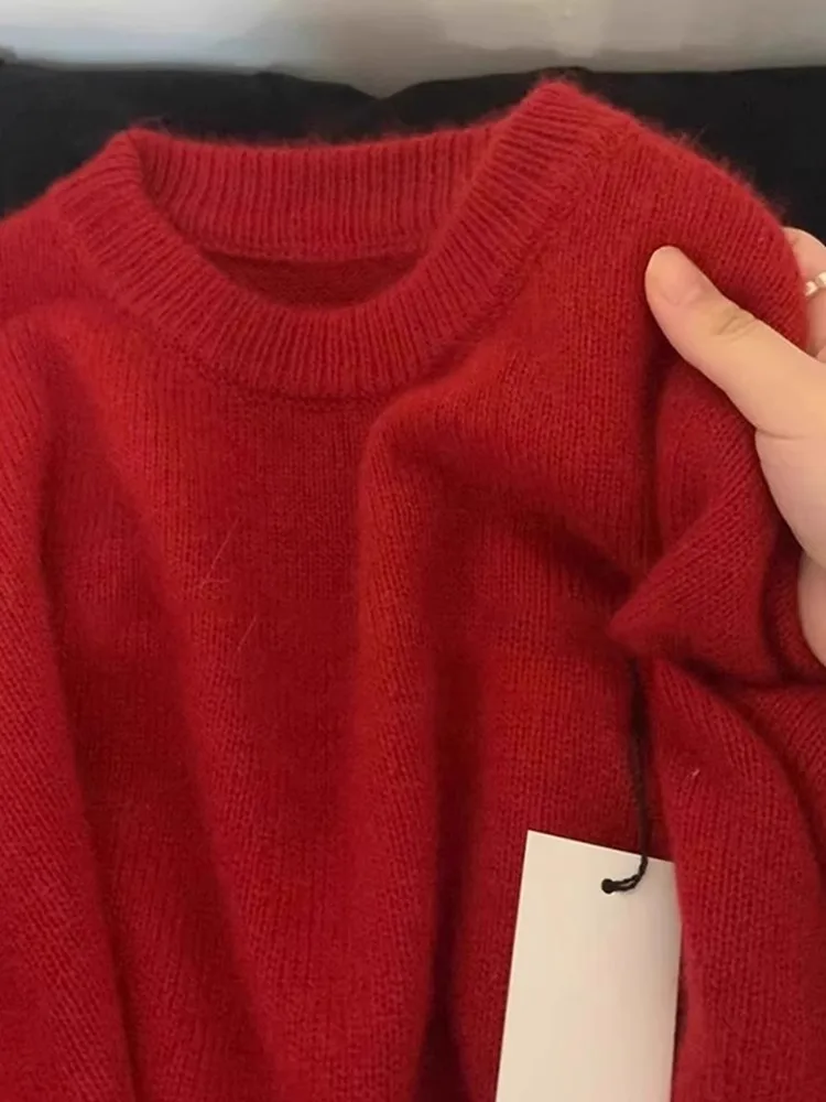 

Модный вязаный свитер в стиле ретро с V-образным вырезом, мягкая шерсть, женский длинный топ све, удобный крой, осень-зима, приятный для кожи, красный
