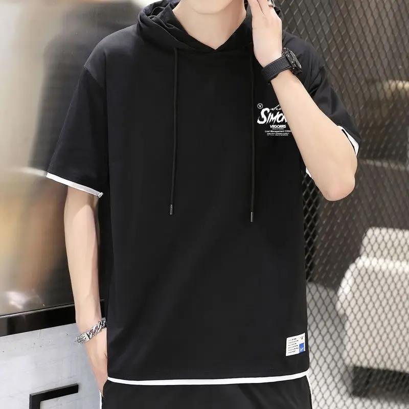 Fashion O-Neck Printed Spliced Fake Two Pieces Hooded T-Shirts Men\'s Clothing 2024 Summer New Loose Korean Tops Casual Tee Shirt