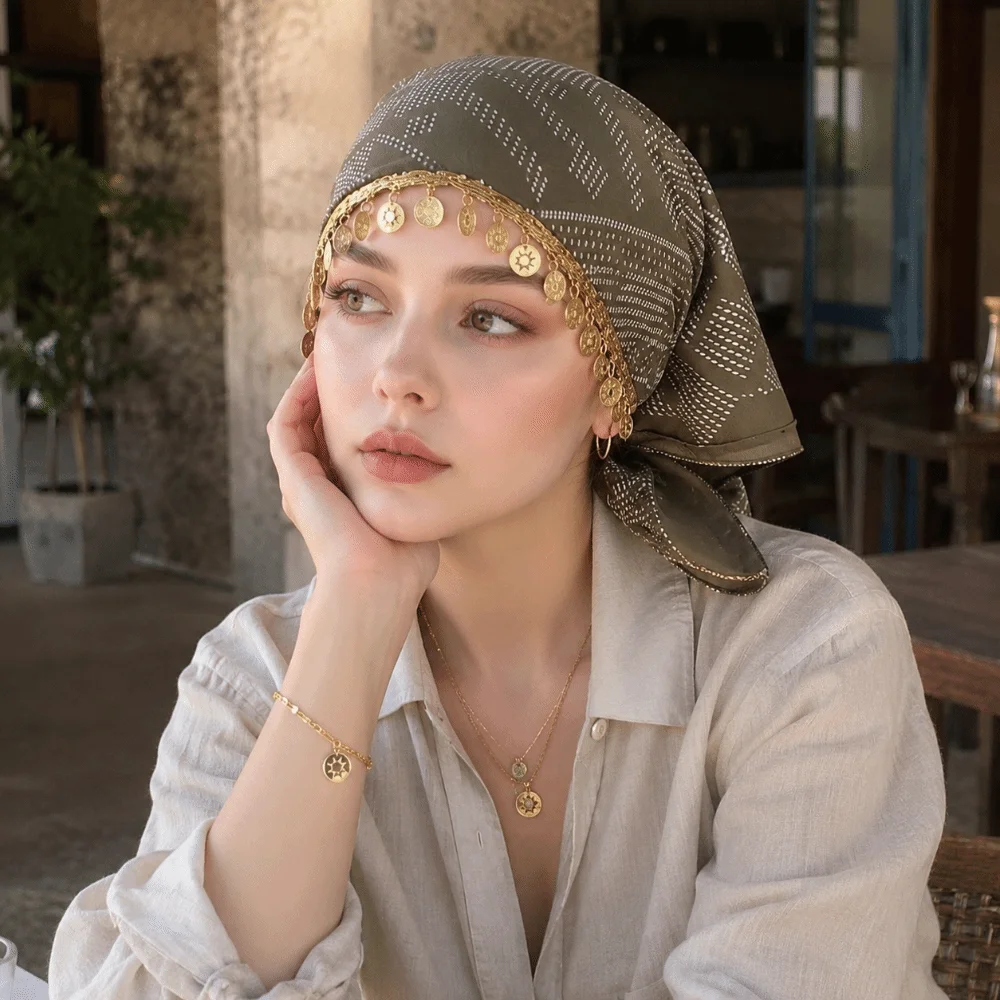 Retro Polyester Triangle Headscarf Floral Print Breathable Golden Beaded Hijab Lightweight Sequin Elegant Turban Hat Women