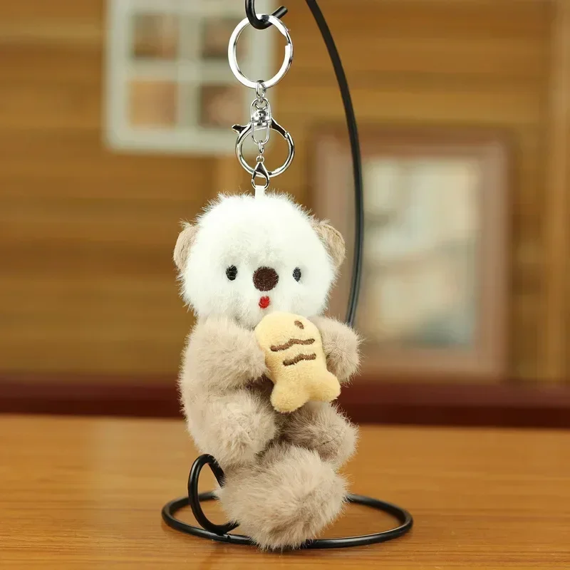 Cute Plush Otters Holding Fish Keychain Stylish Backpack Keyrings Lovely Animal School Bag Key Wallet Pendant Toy Student Gift